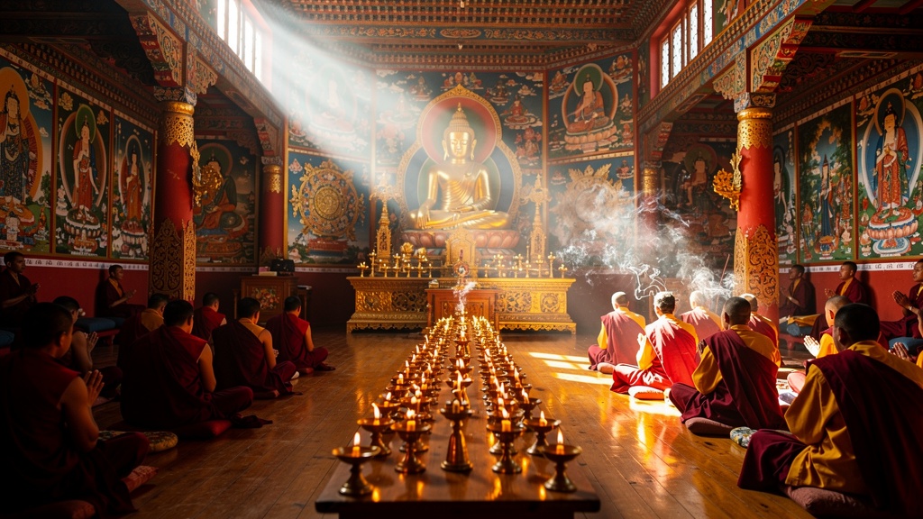 Interior of a Buddhist monastery with golden Buddha and colorful thangka paintings in Sikkim