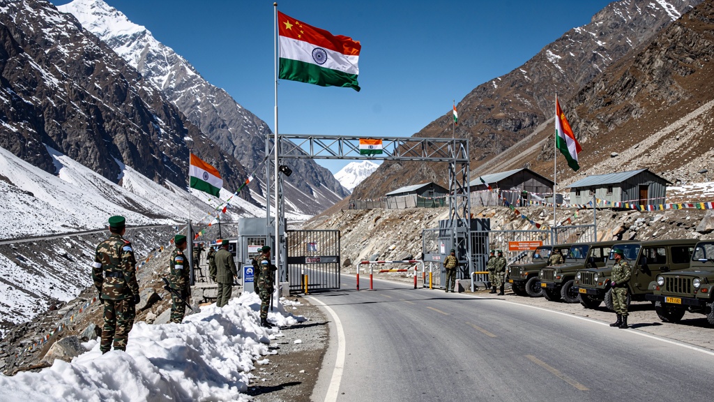 Nathula Pass on India-China border with snow-covered Himalayan peaks