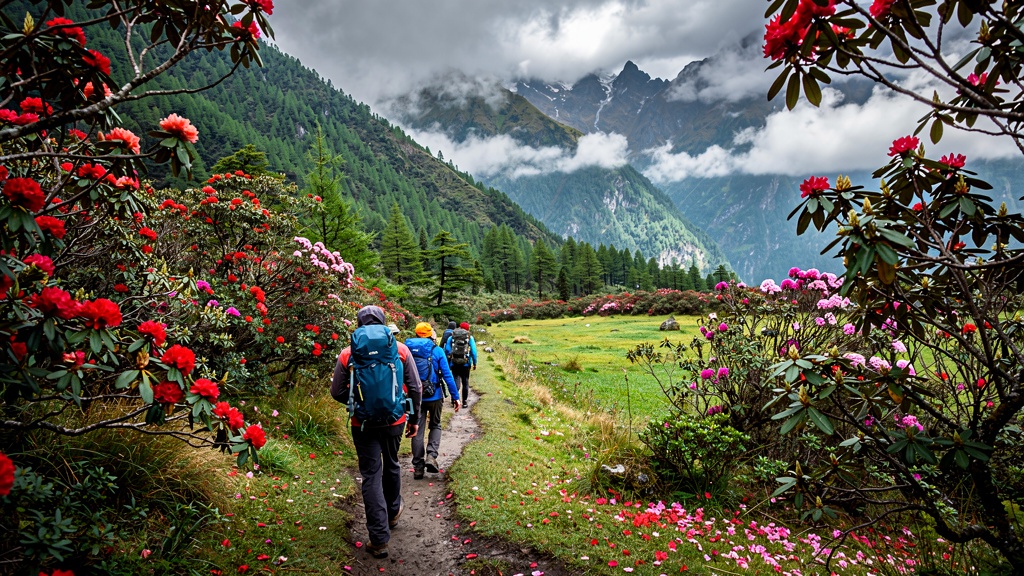 Trekkers hiking through blooming rhododendron forest trail in Sikkim Himalayas