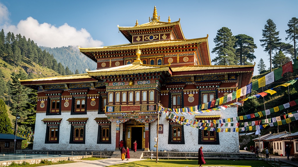 Magnificent Rumtek Monastery with golden roof in Sikkim surrounded by green hills