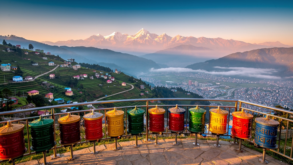 Tashi Viewpoint overlooking Gangtok valley with Kanchenjunga mountains in background at golden hour