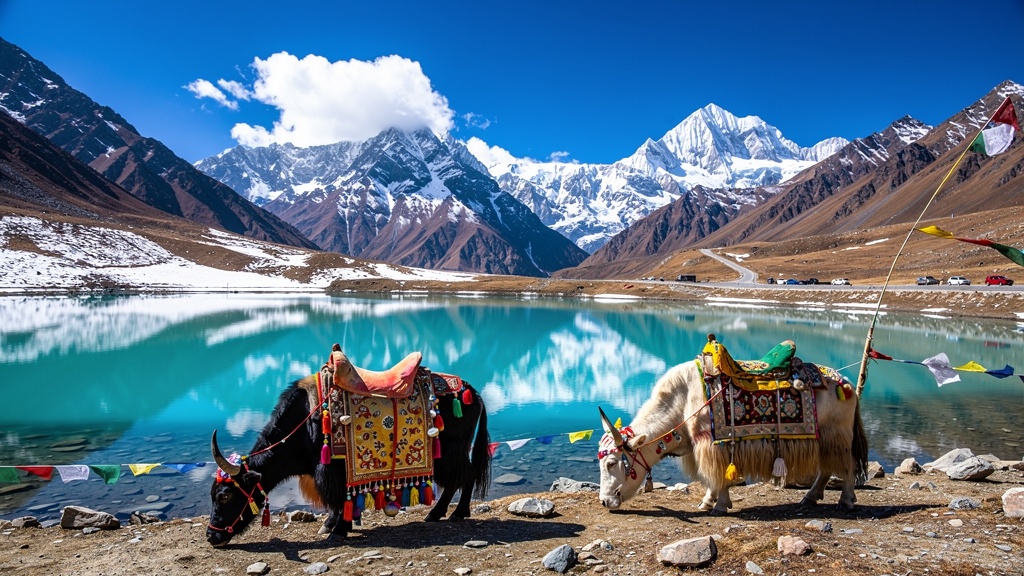Crystal clear turquoise Tsomgo Lake surrounded by snow-capped mountains in Sikkim
